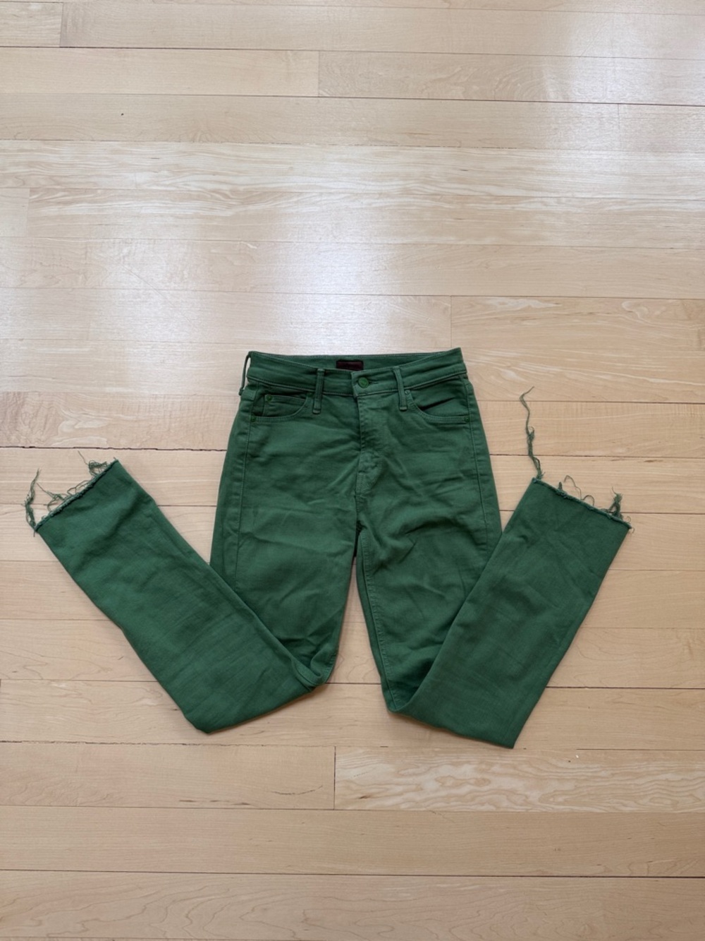 MOTHER Green High-Rise Jeans with Leather Waist Patch